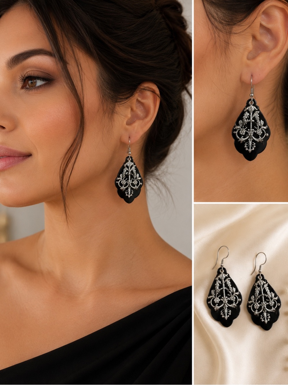 Black Teardrop Filigree Dangle Earrings - Women Jewelry